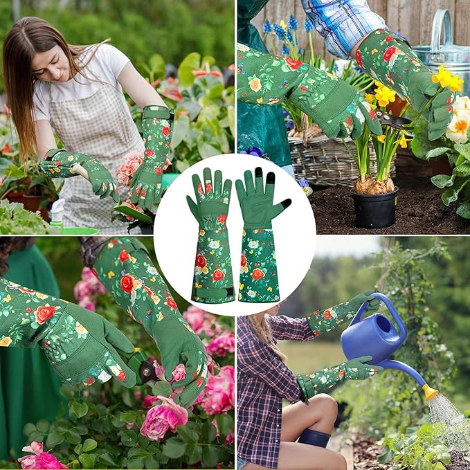 DLY Gardening Gloves,Leather Rose Gloves,Women's Long Gardening Glove for Garden Work and Yard Work,Durable and Comfortable(X-Large, Green