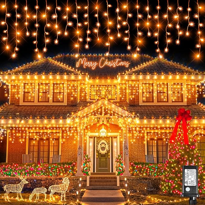 Christmas Icicle Lights Outdoor, 66ft 640 LED Icicle Lights for Outside with 8 Modes Timers, Waterproof Plug in Twinkle String Light for House Yard Eave Patio Party Holiday Decorations, Orange
