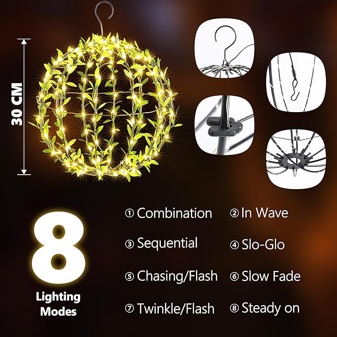 Flacchi Hanging Iron Sphere Lights with Artificial Greenery – 12Inch 120 LED Waterproof Outdoor/Indoor Decor Ball Light with Timer & 8 Modes – 2 Pack for Garden, Christmas, Weddings (Warm White)