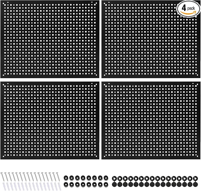 4 Pack Heavy Duty Steel Pegboard Garage Organization Panels,Universal 1/8 and 1/4 Pegboard Accessories,Suitable for Tool Storage,Garage Storage etc.(Black, 16X12)