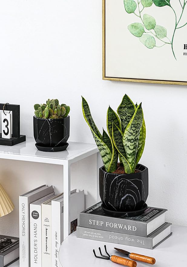 Black Plant Pot with Drainage Holes and Saucers, Ceramic Pots for Indoor Outdoor Plants, 4 & 5 Inch Premium Hand Glazed Sustainable Planters for Flower, Garden, Succulent, Nursery, Home Decor