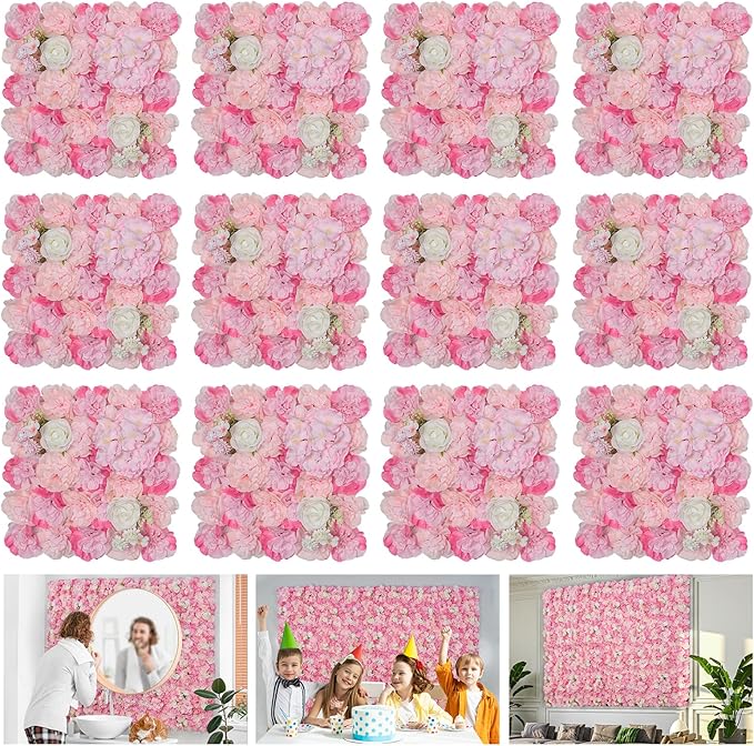 Flower Wall Backdrop 12 Piece of 16.5x16.5 Inch Floral Wall Panel Artificial Silk Rose Wall Decor Ideal for Wedding Celebrations, Festive Party Backdrops, and Home Decor-Pink