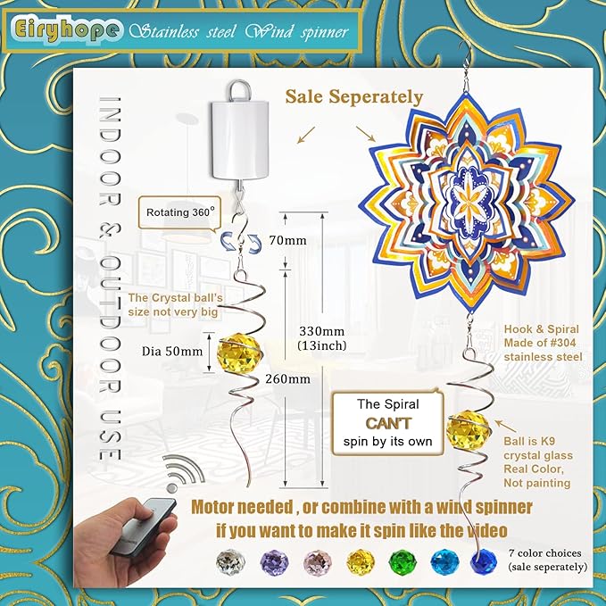 Gazing Ball Spiral Tail, Wind Spinner Stabilizer, Sun Catcher Metal Decor with Golden Crystal Glass Ball & Swivel Hook, Indoor Outdoor Decoration Garden Art Ornament Decorative Gifts 13 inch