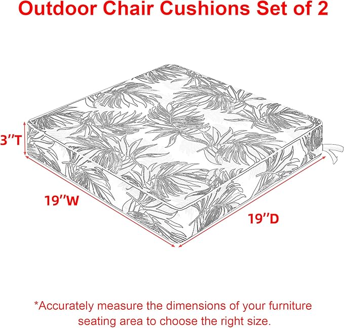 Favoyard Outdoor Chair Cushion 19 x 19 x 3 In Waterproof Pattern Fade Resistant Cushions for Patio Furniture with Removable Cover Attach Straps 28D Foam Insert Cushions Pads for Seat Sofa Couch 2 Pack