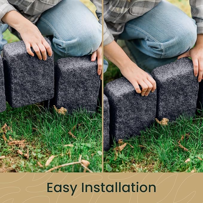 Beuta Landscape Edging | Garden Edging Border | Faux Stone Block XL for Lawn Edging, Flower Beds & Yard Edging – 4 Pack | Each Section Has 6 Blocks 48" L x 4" W x 9.5" H | 12 Spikes | Charcoal