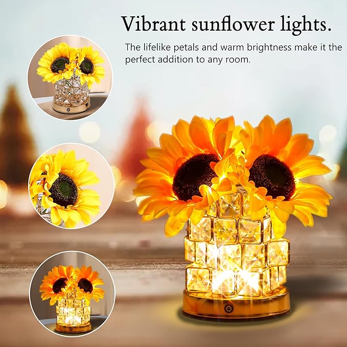 Sunflower Flower Lamp Gifts for Women, 3 Color Dimming Night Light for Womens Mom Her Daughter Christmas Anniversary Birthday Gifts, Bedroom Coffee Shop Decor Rechargeable Cordless Touch Lamp