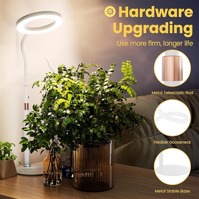 bseah Grow Light, LED Plant Light for Indoor Plants Growing, Full Spectrum Desk Grow Lamp with Pedestal, Automatic Timer for 3H/9H/12H, 10 Dimmable Levels (White)