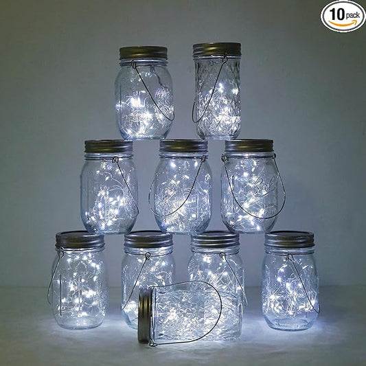 Decorman Solar Mason Jar Lights, 10 Pack 30 LED Fairy Star Firefly String Lids Lights with 10 Hangers for Patio Yard Garden Party Wedding Christmas Decoration(Jars Not Included) (10 Pack, Cool White)