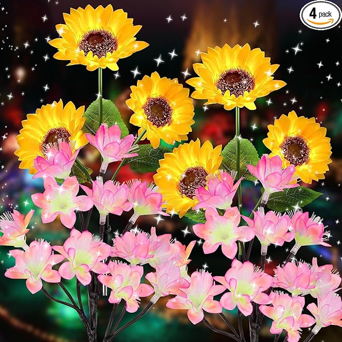 4 Pack Flower Solar Lights Outdoor Waterproof IP 65, Solar Sunflowers Peachblossom Lights Garden Decorative Yard Patio Landscape Stake Lights