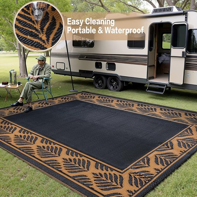 8x10 Patio Waterproof Outdoor Rug Outrside Camping Carpet RV Area Rug Reversible Brown Rugs for Deck Entryance Porch Picnic Balcony Beach