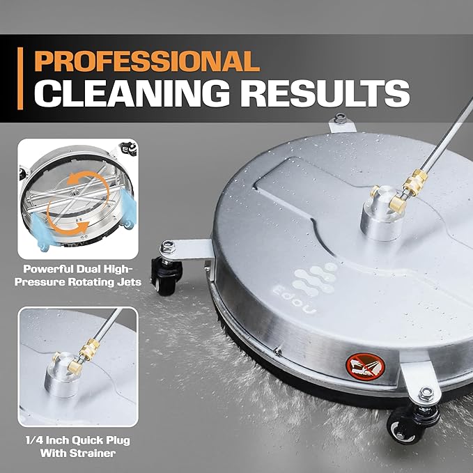 EDOU 18 inch Pressure Washer Surface Cleaner - Stainless Steel Power Washer Attachment - 4,000 PSI Max - Concrete Cleaner with Dual Nozzles and Extension Wands - Silver