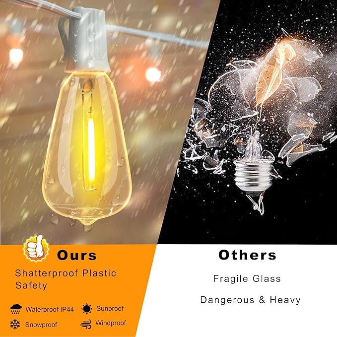 DAMAING LED Outdoor String Lights 100FT Patio Lights with 52 Shatterproof Edison Bulbs,Dimmable Hanging Lights,Waterproof String Lights for Outside Wedding,Bistro,Porch,Backyard,2200K