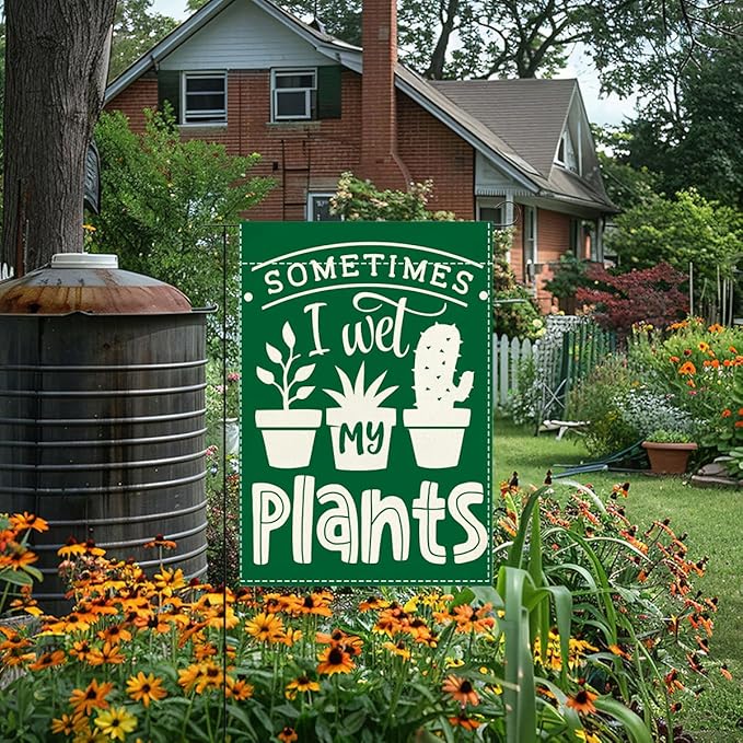 Cute Funny Garden Flag Sometimes I Wet My Plant Lover Gift Outdoor Decorations Small Double Sided Burlap art Stained Glass Style Garden Flags 12 x 18 Inch for Outside