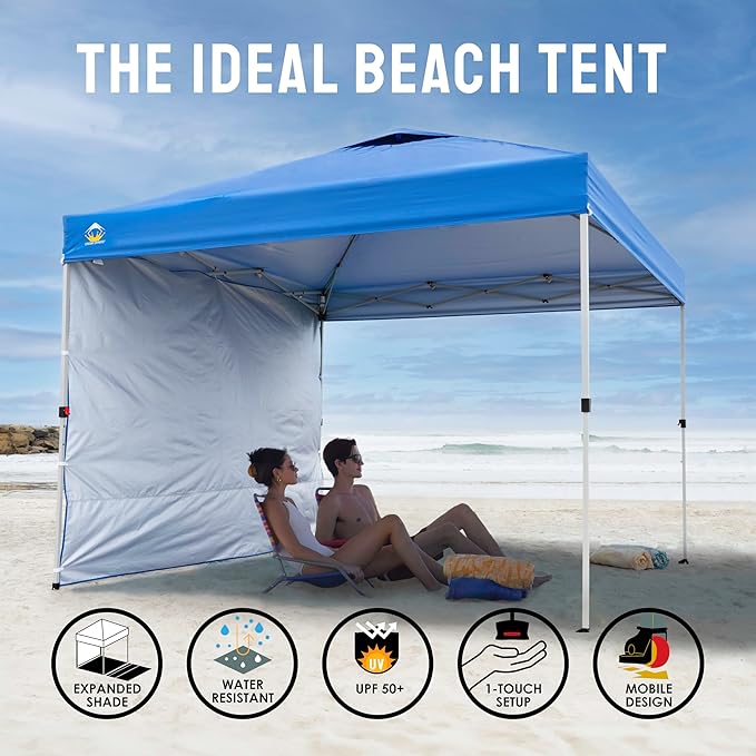 CROWN SHADES 10x10 Pop Up Canopy with 1 Side Wall - Beach Tent with One Push Setup - Outdoor Sun Shade for Events, Parties, Camping - Gazebo with STO-N-Go Cover Bag (American Flag)