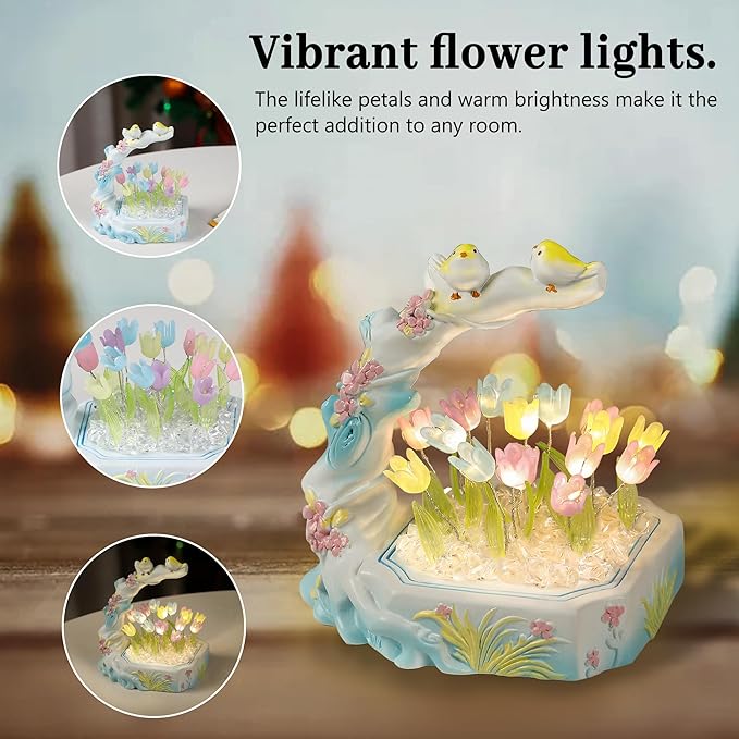 Handmade Tulip Flower Lamp for Womens Gifts, Resin Decorative and Bird, Best Christmas Anniversary Birthday Gifts, Perfect Ideal for Bedroom Ambiance Charming(Tulip)