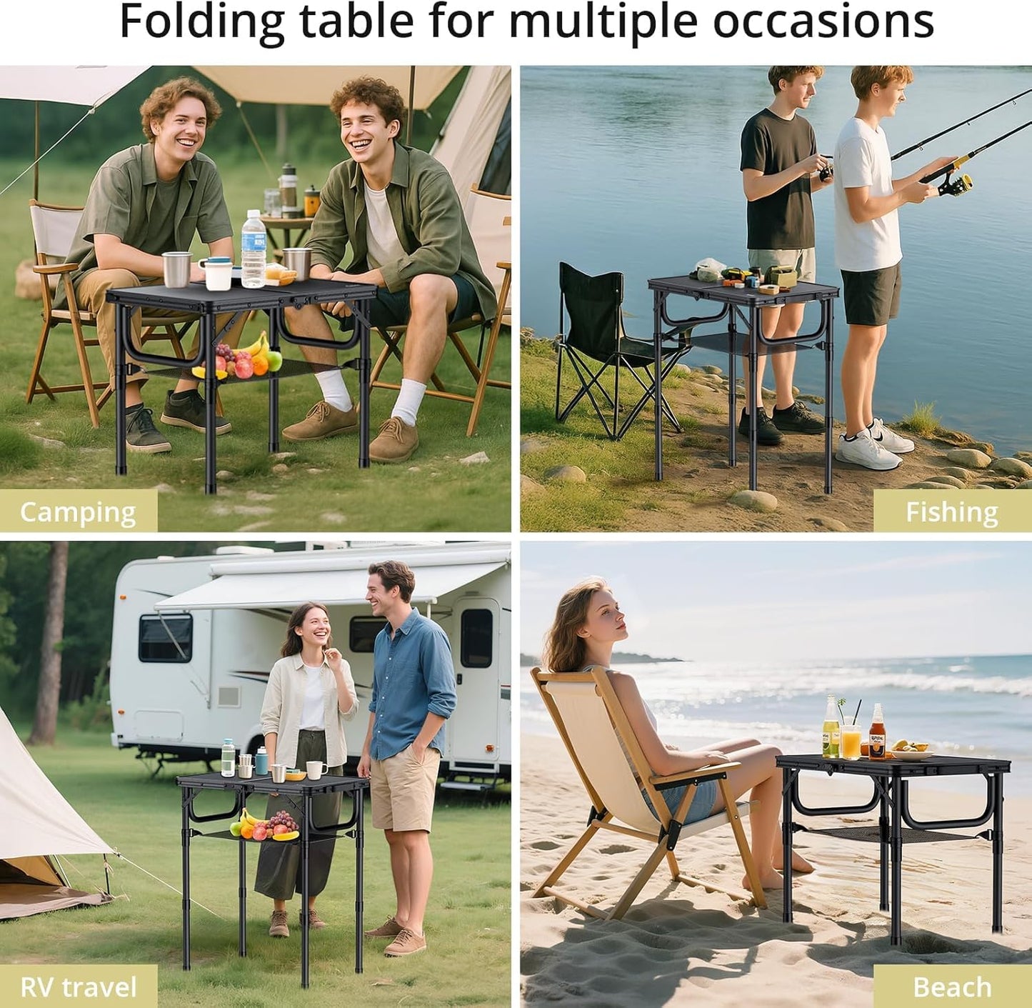 Folding Camping Table with Storage Net, Pure Black Aluminum 2ft Picnic Table 23.2" x 16" Outdoor Table Adjustable Height Max 27.5", Lightweight, Waterproof, Portable Handle for Travel Cooking