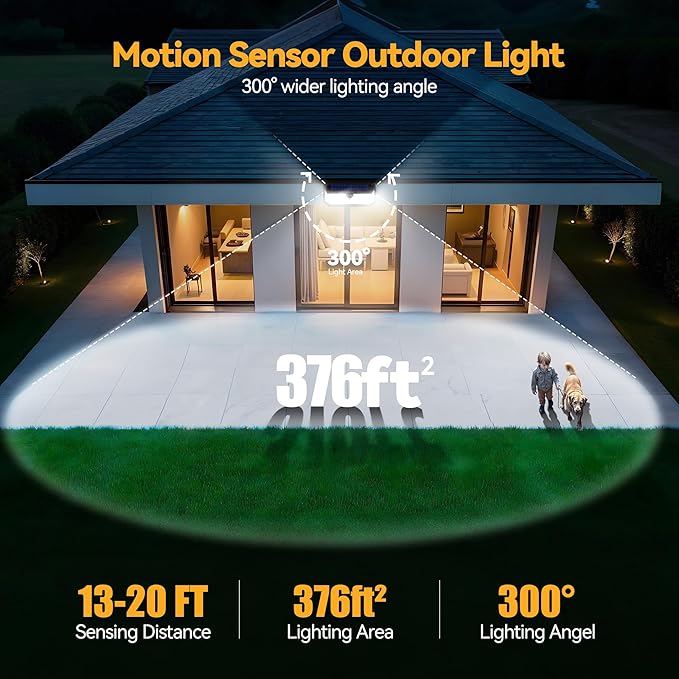 TECKNET 461 LED Solar Powered Outdoor Lights, 270° Angle & 3 Lighting Modes Motion Sensor Light Outdoor, Security Solar Lights Waterproof for Fence Front Door Yard Deck Garden Garage House - 4 Pack