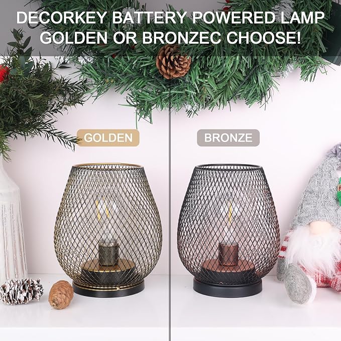 DECORKEY Set of 2 Battery Operated Lamp LED Table Lantern, Golden Metal Cage Cordless Lamps with LED Bulb，Vintage Decorative Outdoor Lantern for Weddings, Parties, Patio, Events for Indoor Shelf Decor