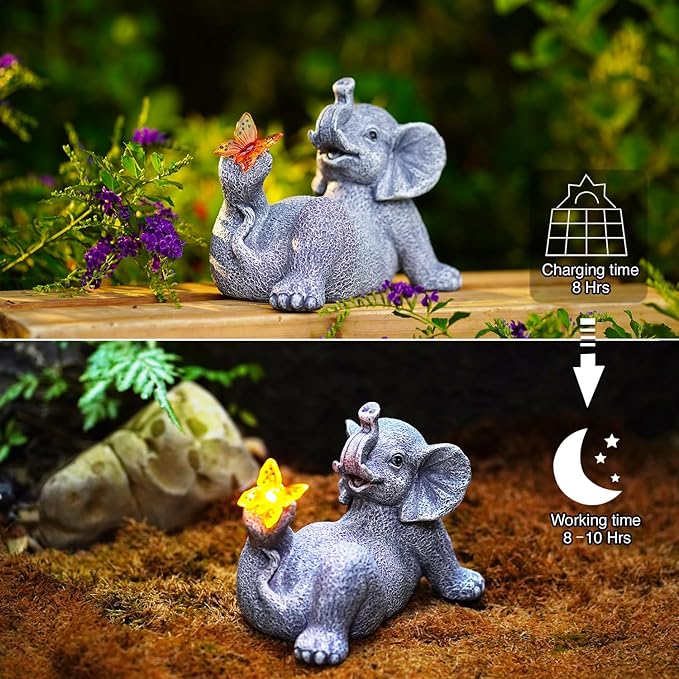Goodeco Elephant Statue with Solar Butterfly - Ideal Gifts for Women, Mom or Birthdays, Beautifully Crafted Outdoor Decorations to Wow Your Guests