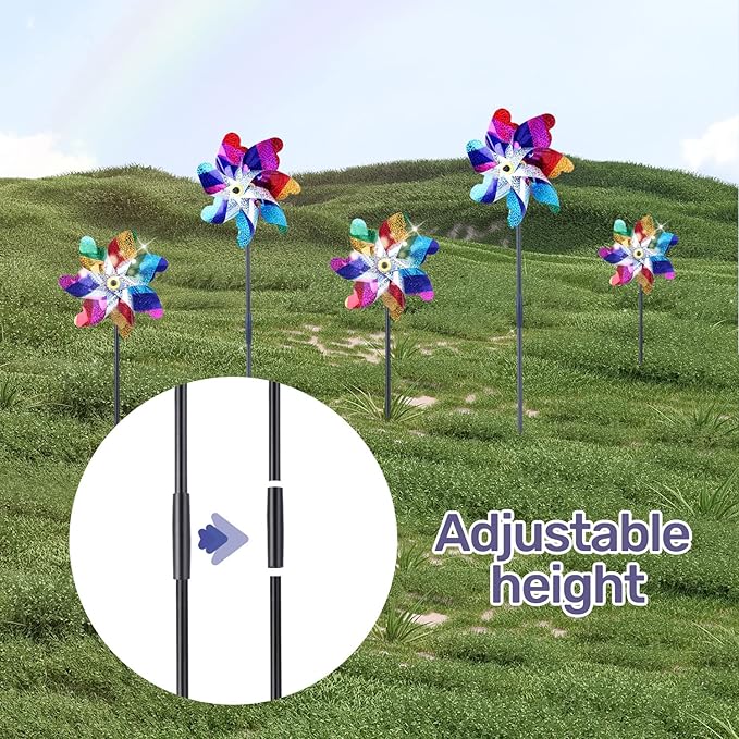 BATTIFE 10 Pack Sparkly Rainbow Pinwheels, Reflective Wind Spinner for Yard and Garden with Stakes, Decor Windmill to Scare Birds Away for Lawn and Patio