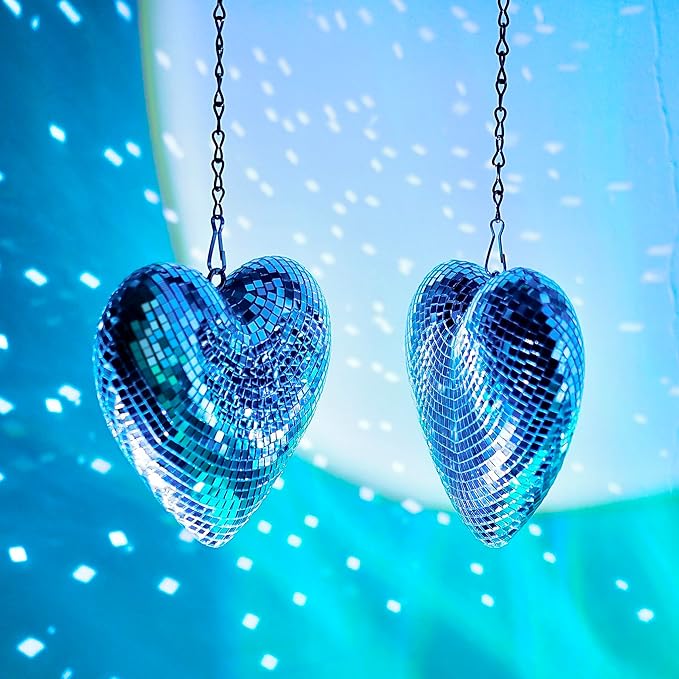 Disco Balls 2 Pack Silver Heart-Shaped Stage Mirror Balls Hanging Decor for Party, Room, Wedding, Garden, Retro Reflective Disco Ball Handmade Gifts (6.3 inch)