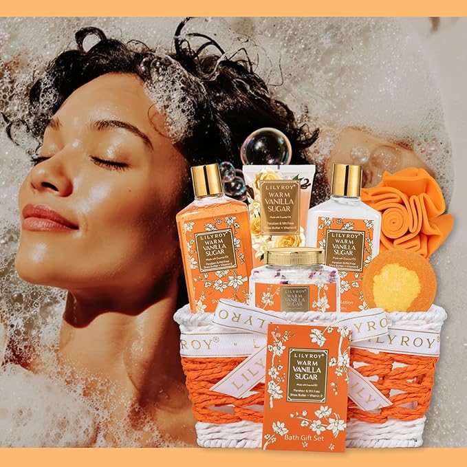 Christmas Gifts for Women - 7 Pcs Vanilla Sugar Bath and Body Gift Basket Set for Women, Spa Gift Baskets Set | Valentine's, Birthday, Mothers Day Gifts for Mom, Perfect Gift for Her All Occasion