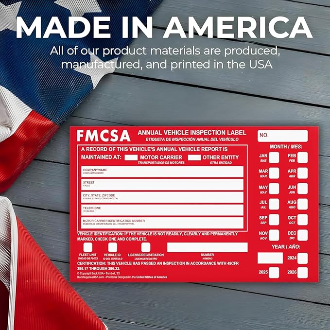 50 Pack Buck Aluminum Annual Vehicle Inspection Label with Punch Boxes, 2 Mil Red FMCSA Self Adhesive Sticker, DOT Compliant, Weatherproof, Tear Resistant, Easy to Write On, 6" x 3.5" - Made in USA