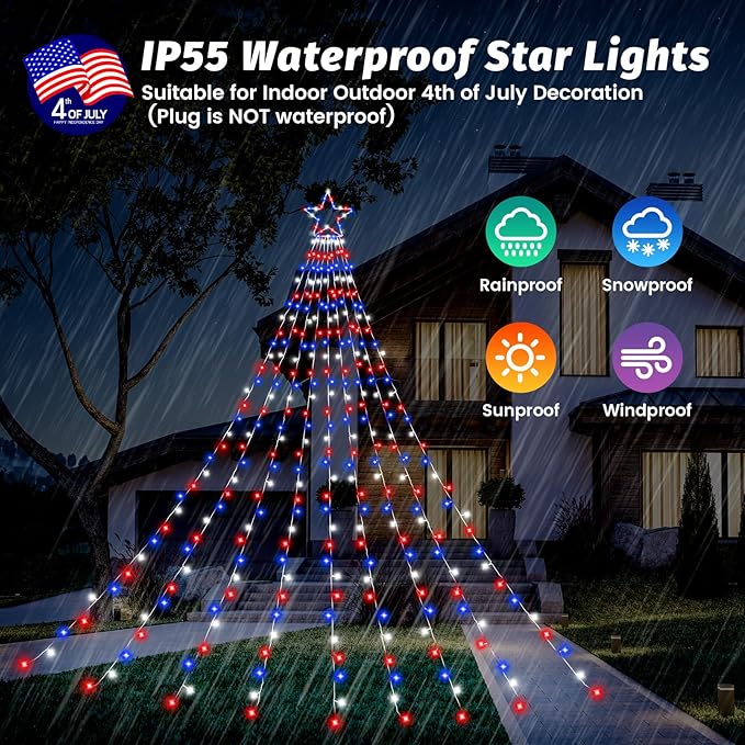 4th of July Decorations Lights, Red White Blue String Lights 320 LED 11.5 Ft Flag Stars Patriotic Light with Big Star Topper Waterproof 8 Light Modes for Indoor Outdoor Memorial Day Independence Day