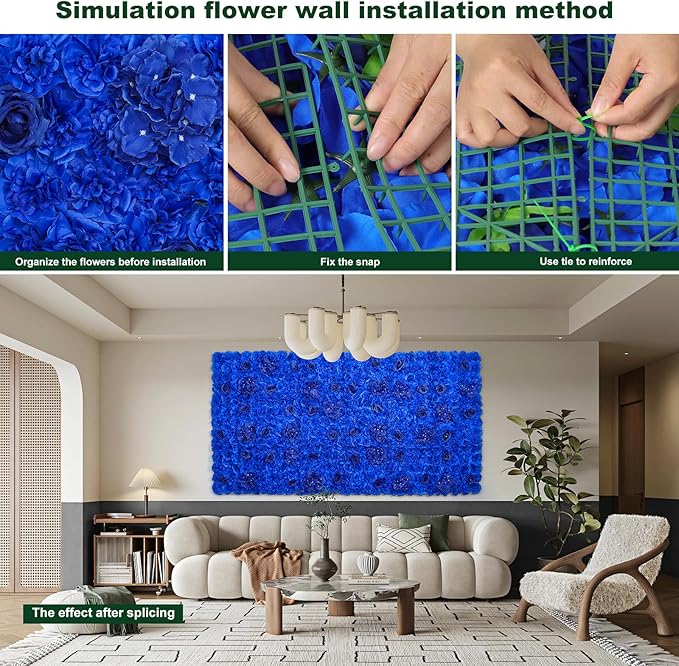 Flower Wall Backdrop 12 pcs 16.5x16.5 Inch Floral Wall Panel Artificial Silk Rose Wall Decor Ideal for Wedding Celebrations, Festive Party Backdrops, and Home Decor-Bright Blue
