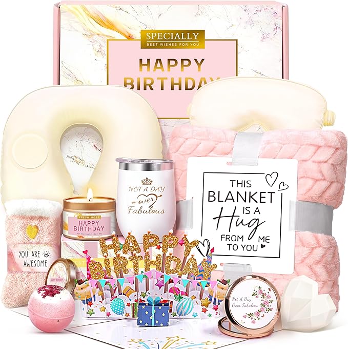 Birthday Gifts for Women, Unique Spa Birthday Gift Basket with Blanket for Women - Happy Birthday Gifts for Her, Mom, Sister, Teacher, Girlfriend, Coworker, Wife, Bestie, BFF