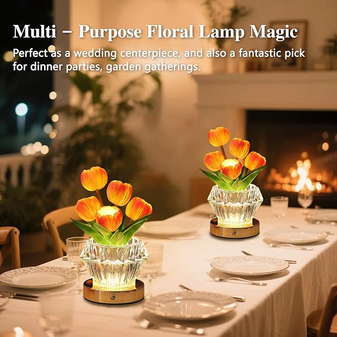 Tulip Flower Lamp with Diamond Vase, 3 Color LED Night Light, Dimmable Touch Control, Artificial Floral Decor for Bedroom Bar Coffee Shop Wedding Birthday Gifts for Women Christmas Valentine Day