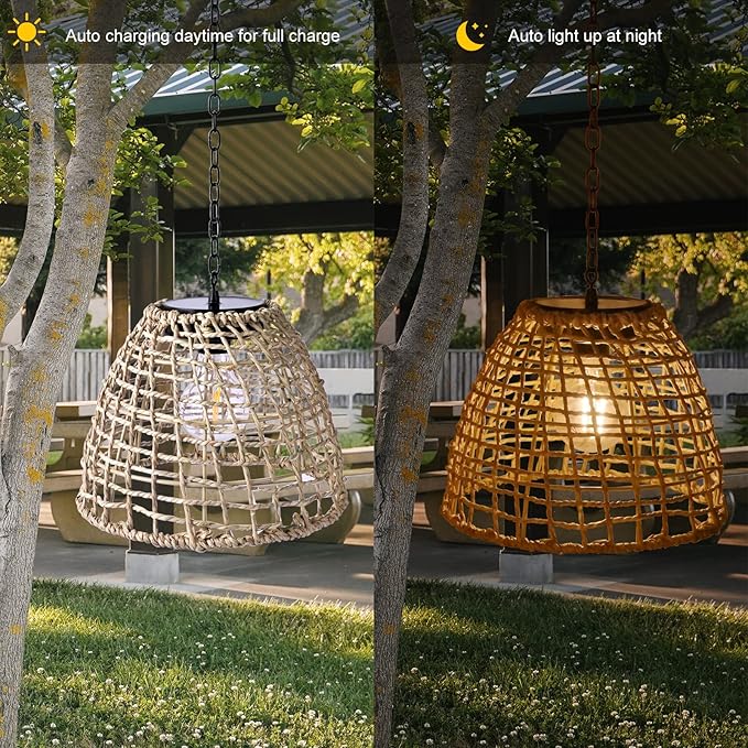 Vintage Rattan Basket Shade Solar Lantern Hanging Lighting Country Style Pendant Light Patio Garden Farmhouse Decoration Rustic Handmade Rattan Pendant Lamps.