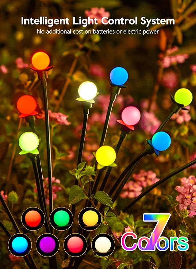 Brightown Solar Garden Lights Outdoor- 4 Pack 48 LED Solar Firefly Lights with 7 Colors Changing, Sway by Wind, Waterproof Solar Outdoor Lights, Solar Lights for Outside Yard Walkway