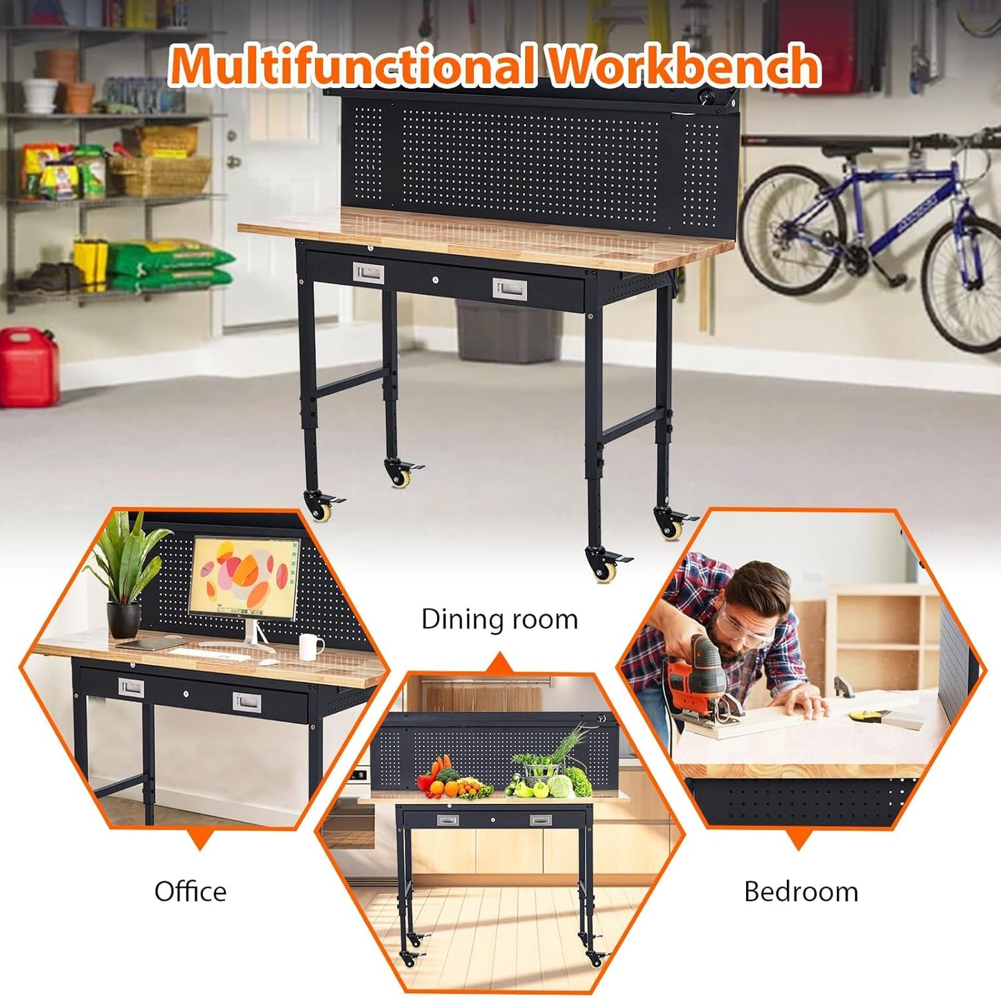 60'' Adjustable Workbench, Heavy Duty Workbench with Drawer and Backplate, 2000 LBS Capacity Work Table with Power Outlet and Lockable Wheels, Suitable for Office, Garage, Workshop