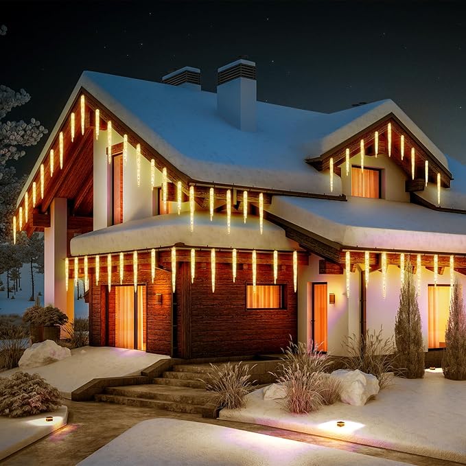Christmas Meteor Shower Icicle Lights Outdoor, 19.8Ft With 20 Large Tube 480 LED Dropping Effect, Waterproof Decorations for House Eave Roofline, Warm White