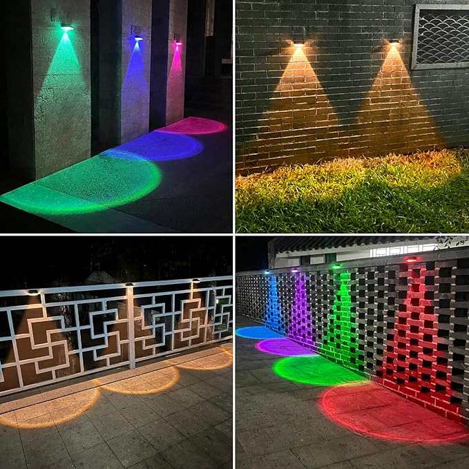 Ellasay Solar Fence Lights Outdoor: Solar Powered Deck Light -10 Lighting Modes with RGB - Waterproof IP65 - Led Lens Wall Decor for Garden Patio Backyard Porch 4 Pack