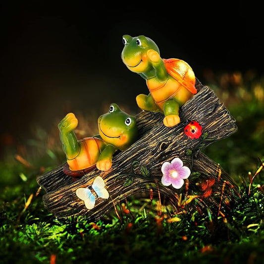 Garden Turtle Figurines Outdoor Decorations, Solar Statue Sweet Frog Face Turtles Decor with 4 LED Lights, Unique Garden Art Resin Statue Gifts for Patio Lawn Porch Yard