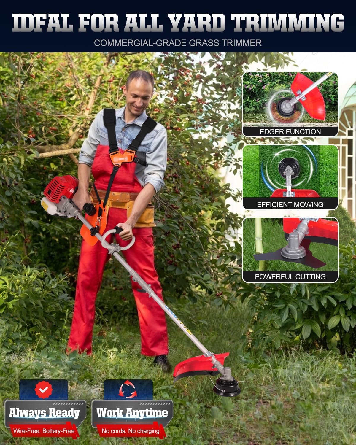 52 cc 2-Cycle Gas Powered Weed Eater, String Trimmer & Brush Cutter 3-in-1, 7,500 RPM Full-Crank, Low-Vibration Quick-Start Recoil, Detachable Shaft, Heavy Duty Weed Wacker (DE631)