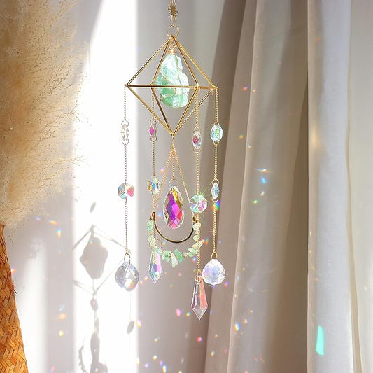 Green Fluorite Crystal Suncatcher Window Hanging Pendant Glass Prisms Decor Wind Chime Rainbow Sun Catcher for Home Garden Porch
