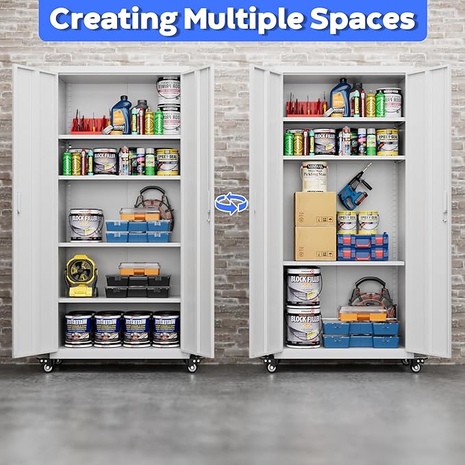 73" H Metal Garage Storage Cabinet with Wheels,Rolling Tool Storage Cabinet with 2 Doors and 4 Adjustable Shelves for Garage,Home,Office,Warehouse,Workshop, Required-Assembly,White