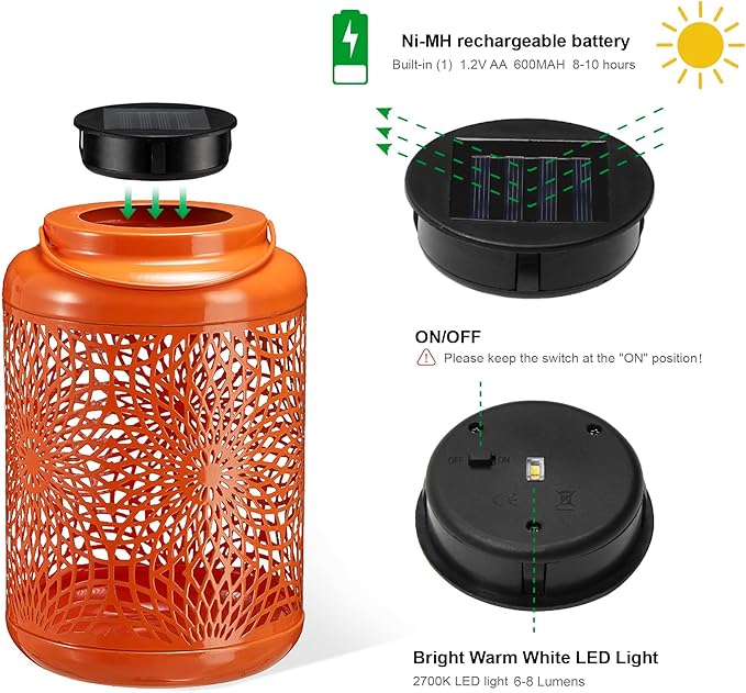 Glitzhome Solar Lantern Orange Metal Cutout Scrollwork Outdoor Hanging Solar Light with Handle for Garden Patio Yard Outdoor Decor