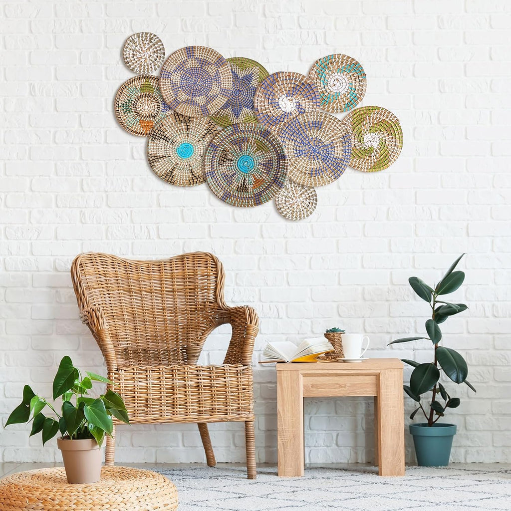 Tatuo 11 Pcs Boho Wall Basket Decor Decorative Bulrush Woven Basket Wall Decor Art Round Farmhouse Hanging Baskets for Kitchen Rustic Home Summer Decorations, Multi Sizes(Multicolour)