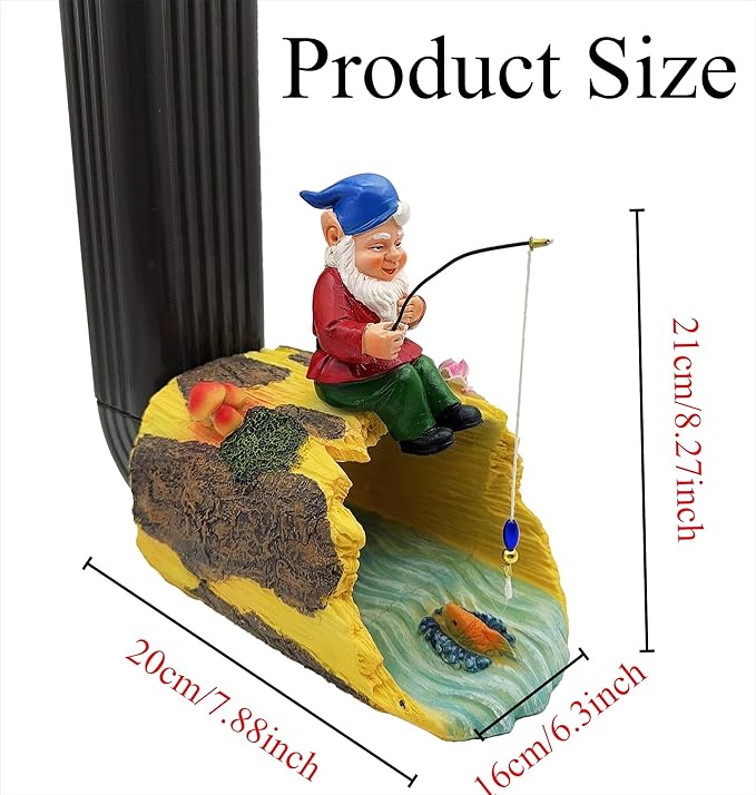 Gnome Fishing 3" x 4" Gutter Downspout Splash Block Decor, Outdoor Garden Animal Statue & Sculpture, Weather-Resistant Gutter Diverter Rain, Decorative Gutter Extension Downspout Ornament