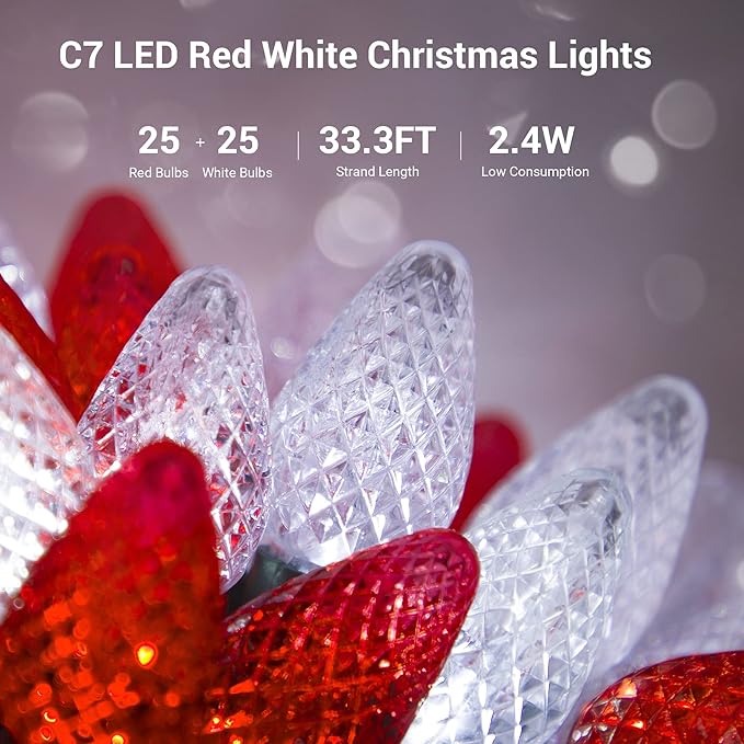DEWENWILS C7 LED Christmas Lights Outdoor, 33.3ft 50LED Christmas String Lights, Outdoor Decorations for Christmas Tree, Patio, Garden, Yard, Green Wire, Red & White, UL Listed