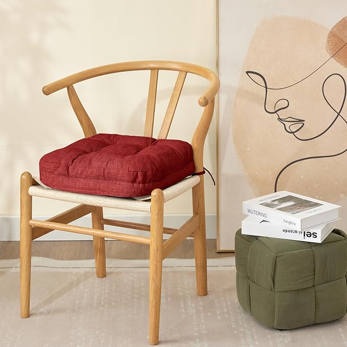 Chair Cushions for Dining Chairs, Dining Chair Cushions, Tufted Indoor Chair Pads with Ties & Non Slip Backing, Seat Cushions for Kitchen Chairs 16.5” x 16.5” x 3.5”, Set of 4, Red