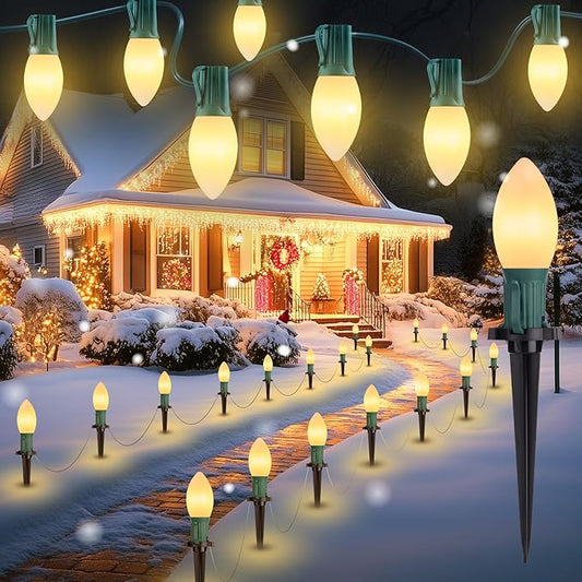 Brightown Frosted C9 LED Christmas Lights Outdoor, 32Ft Pathway Lights with 25 LED Bulbs, Warm White
