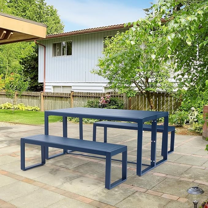 Aoodor 3-Piece Outdoor Patio Dining Set, Aluminum Furniture Set with 1 Rectangular Picnic Table and 2 Benches for Garden, Lawn, Yard