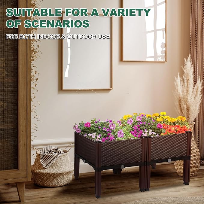 Emalie Raised Garden Beds Elevated Plastic Planter Box with Drainage Plugs Perfect for Vegetables Flowers Herbs Growing Outdoor, 31.5" Lx15.7 Wx16.5 H Brown