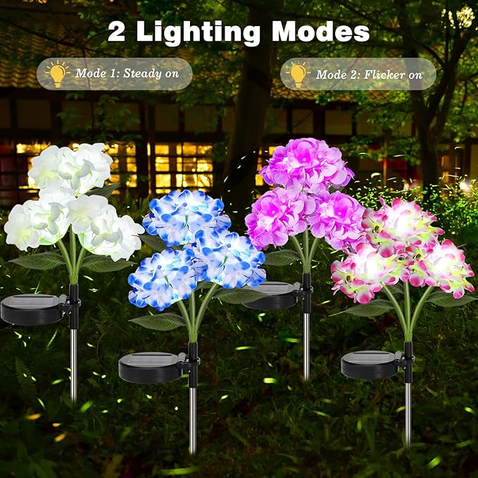 4 Pack Solar Garden Lights, Solar Flowers Lights with 4 Blooming Hydrangea Flowers, Waterproof Solar Lights Outdoor for Yard Porch Patio Backyard Pathway Gardening, 2 Lighting Modes, Colorful