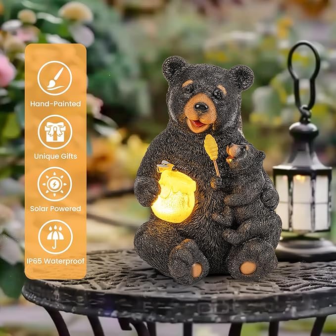 GIGALUMI Solar Garden Statues Loving Bear Figurine Lights for Outside, Yard Decorations Outdoor, Garden Decor Unique Birthday Housewarming Gifts for Mom, Women, Black
